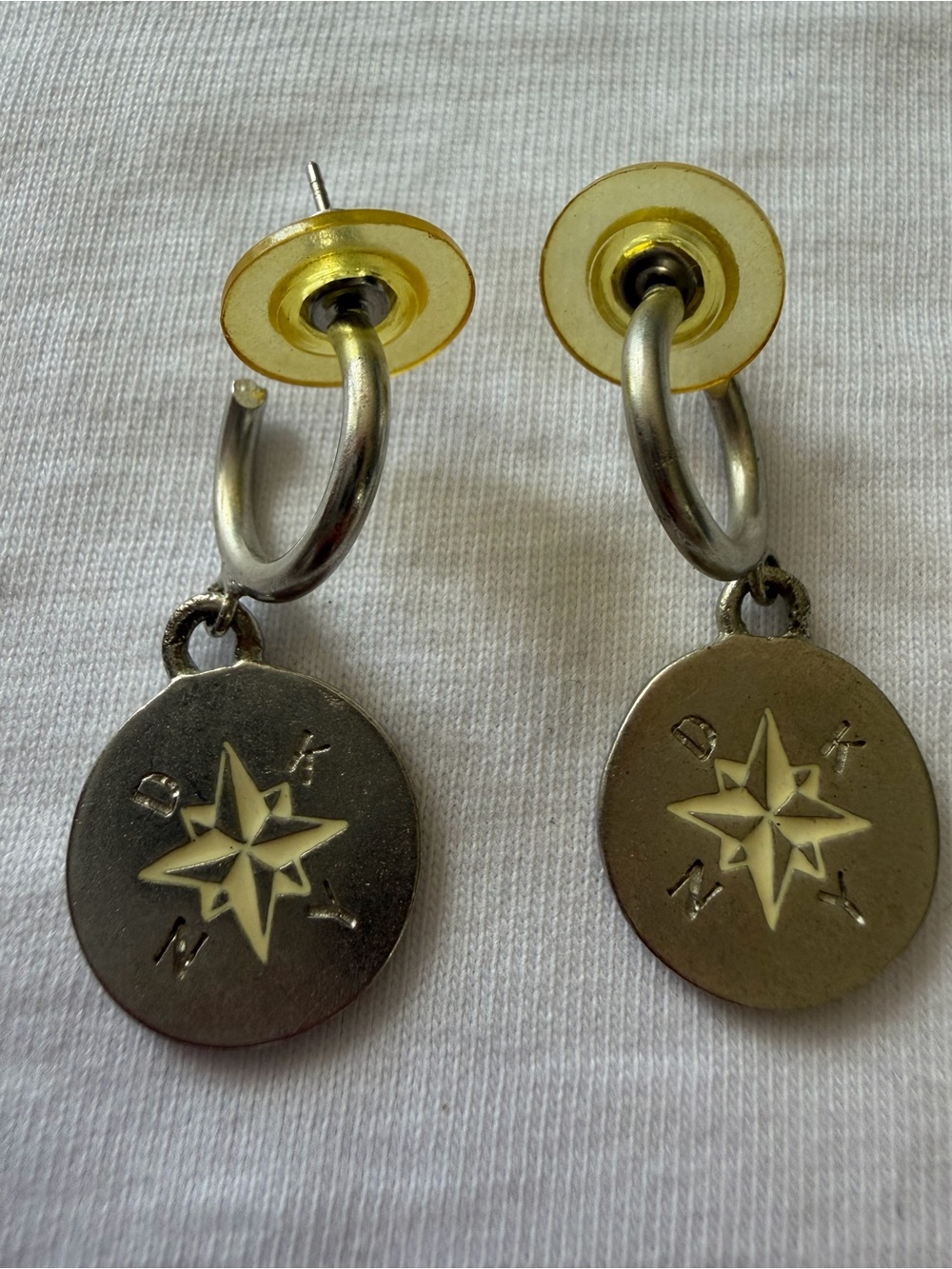 Vintage 1993 DKNY Silver Tone Charm Drop Hoop Earrings - Rare 90s Grunge